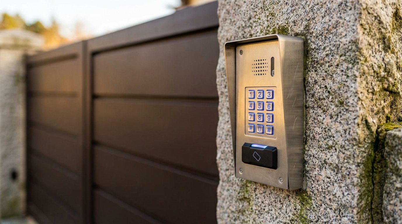 Access control keypad and card reader on a gate pillar