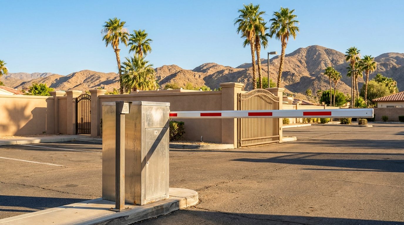 Traffic barrier arm gate at a gated community entrance