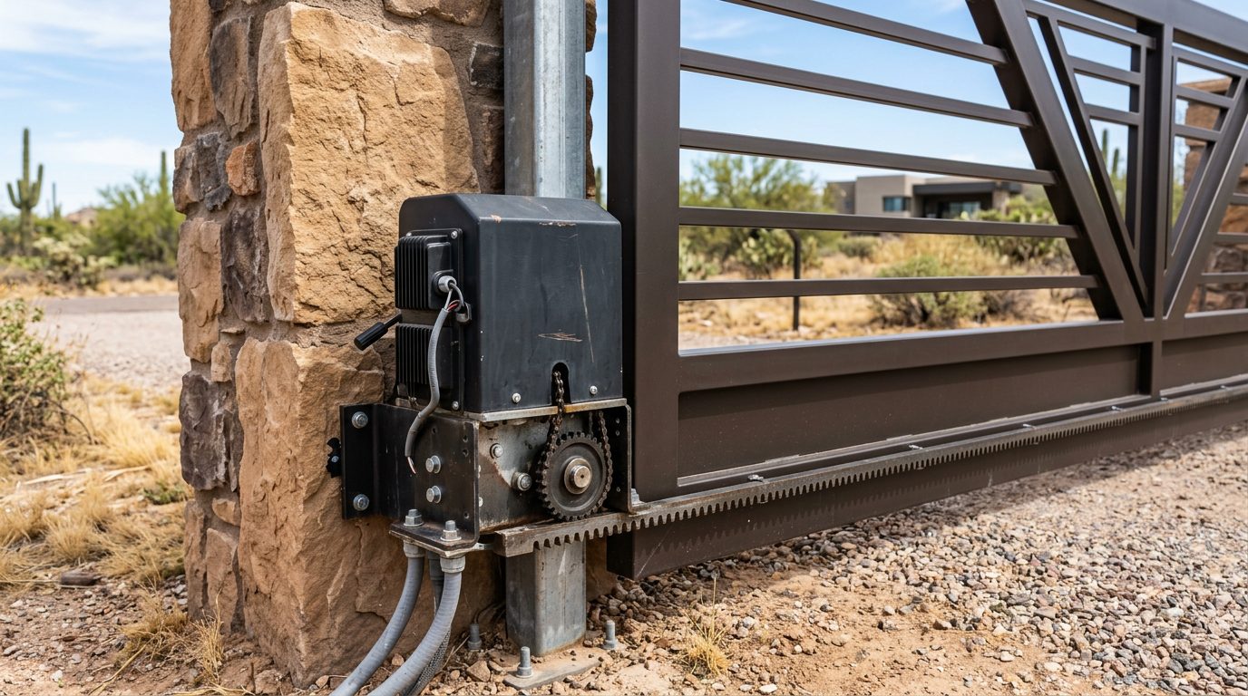 Slide gate operator mounted beside an automated driveway gate