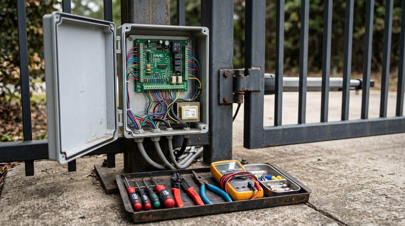 Technician servicing a gate operator control box